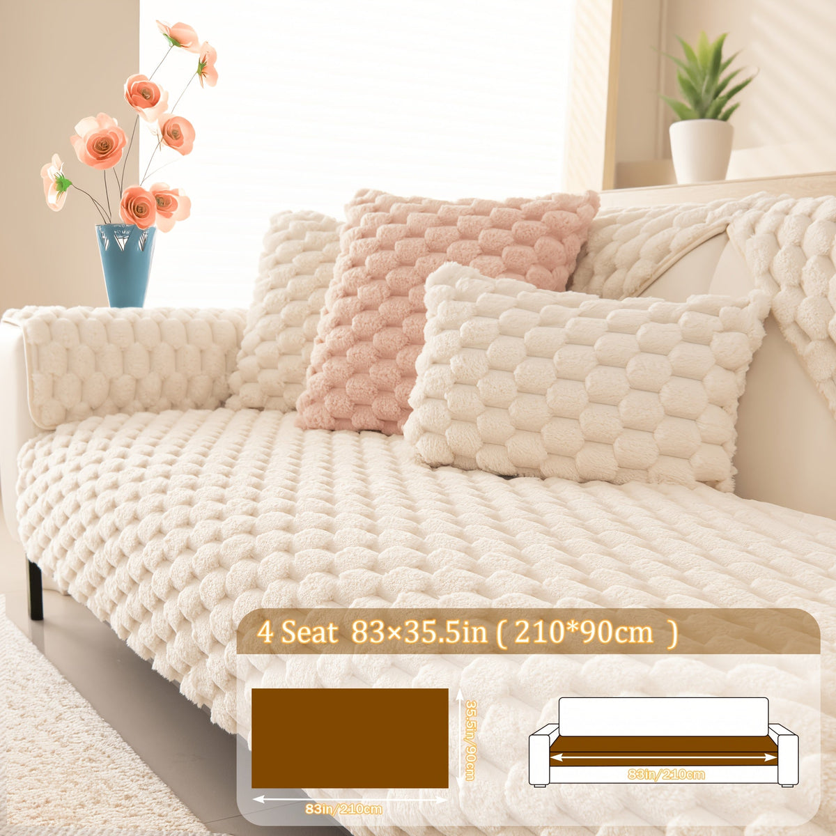 Non-Slip Sofa Cushion Cover Fuzzy Couch Pad Anti-Scratch Pet Friendly Machine Washable Fits 2 3 4 Seat Sectional Recliner 35.5 Inch Wide Beige Light Brown Grey