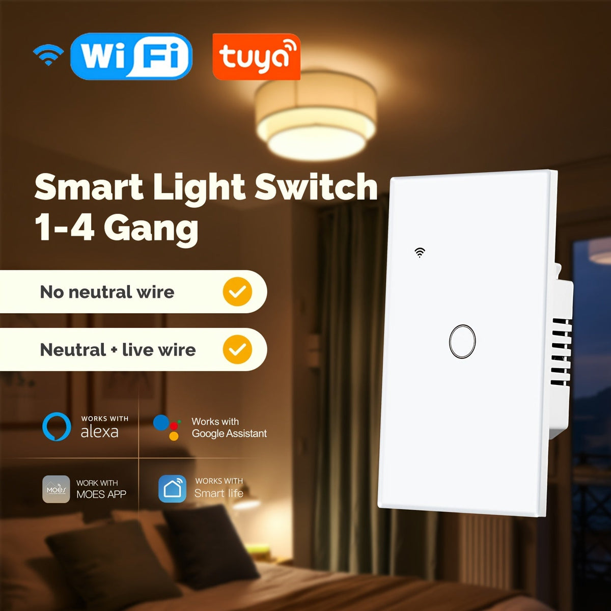 Smart WiFi Touch Wall Switch No Neutral Wire Required – MOES 1/2/3 Gang Light Switch, Works with Alexa & Google Home, App & Voice Control, Timer, 2.4GHz, No Hub, Single Pole, 110V White