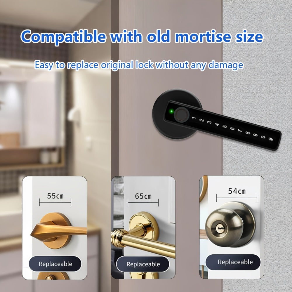 IC Card Door Lock Knob with Fingerprint, PIN & Key - 4-in-1 Biometric Keyless Entry Electronic Lock with Integrated Handle for Bedroom, Home, Hotel & Office, Easy DIY Install, Black