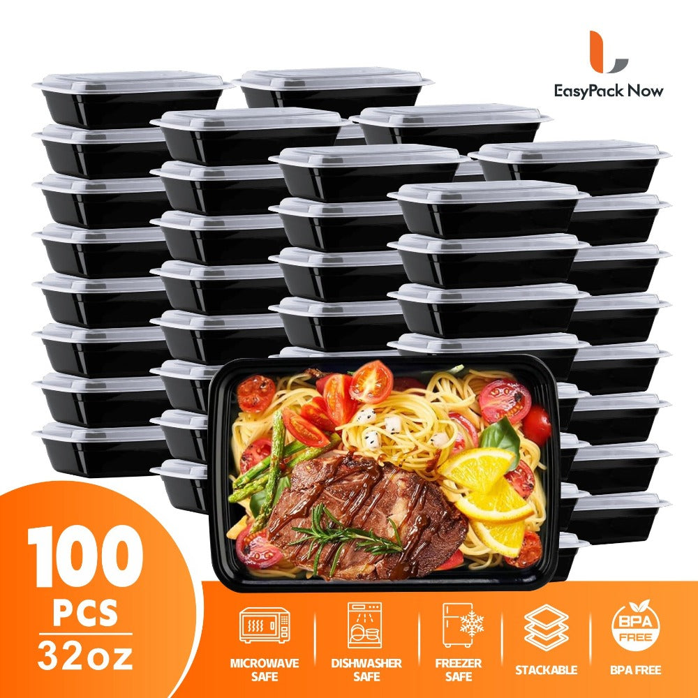 Meal Prep Containers 32oz 100 Pack – Black Stackable Leakproof Food Storage Set (50 Containers + 50 Lids), BPA-Free, Microwave & Dishwasher Safe, for Food Truck, Catering, Office Lunch & Takeout