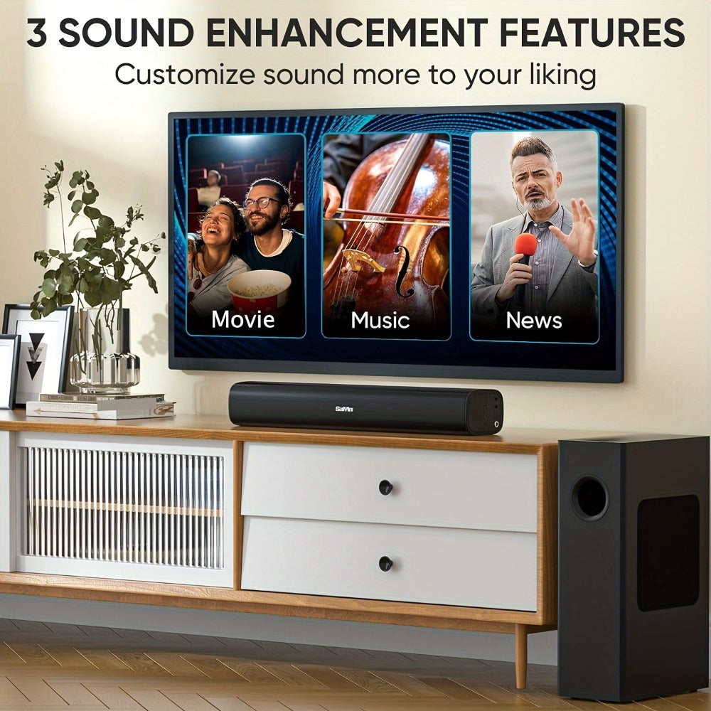 2.1 Channel Soundbar with Subwoofer for TV PC Gaming – Wireless Bluetooth Optical AUX Wall-Mountable Surround Sound System, Plug & Play Home Theater Speaker