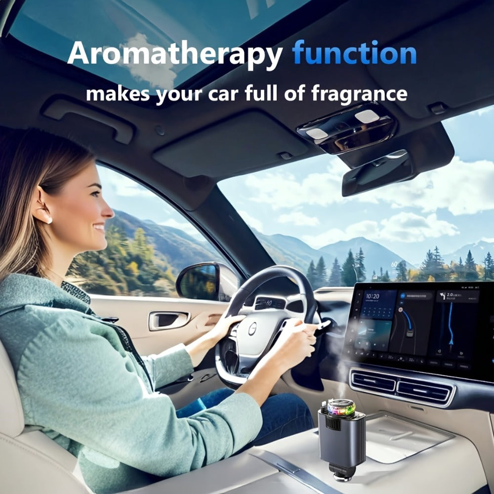 Car Charger with Perfume 3-in-1 Fast Charging AromaRelax Starlight Projector Retractable Cable USB-C & Lightning for iPhone 16 15 14 13 12, Samsung Galaxy Android – Blue Red, Flower Heart Shangri-la Cologne Styles
