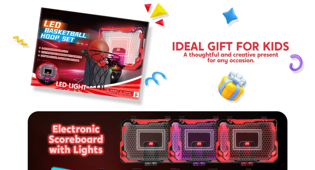 Over-the-Door Indoor Basketball Hoop with Light-Up Scoreboard, Red