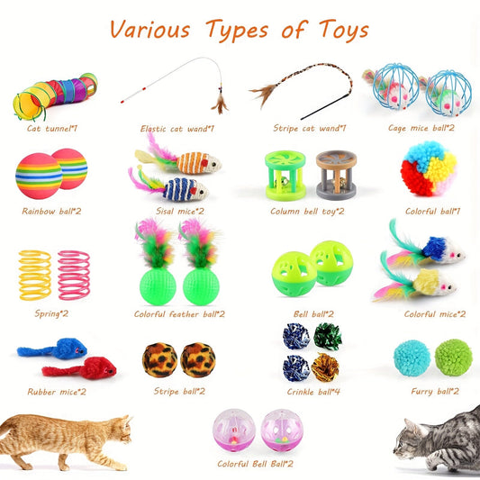 Cat Toy Set with Rainbow Tunnel, Feather Wands & Balls, 32 Pieces