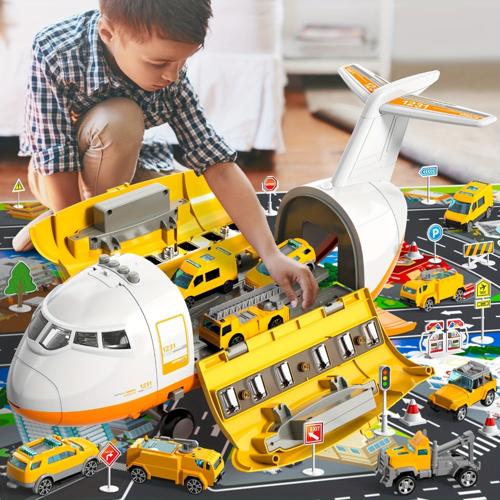 Transport Cargo Airplane Toy for Kids – Jumbo Plane with 10 Mini Cars & Spray Mist