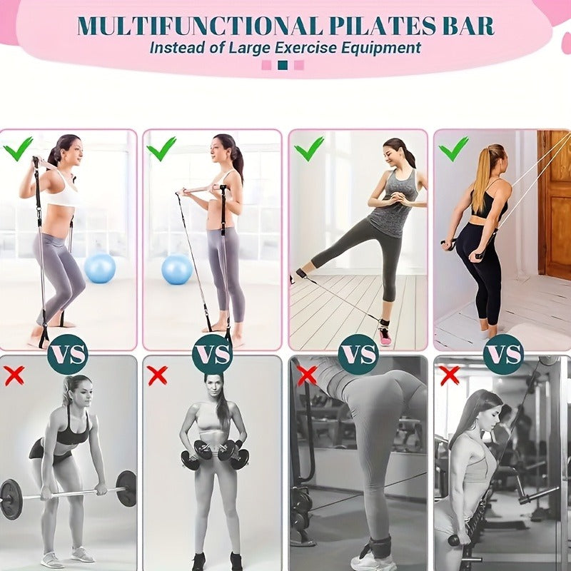 Pilates Bar Kit 14pcs with Resistance Bands & Tension Belt – Multifunctional Fitness Pedal Puller Stick for Home Yoga Stretch Training, Full Body Workout Equipment for Women Men