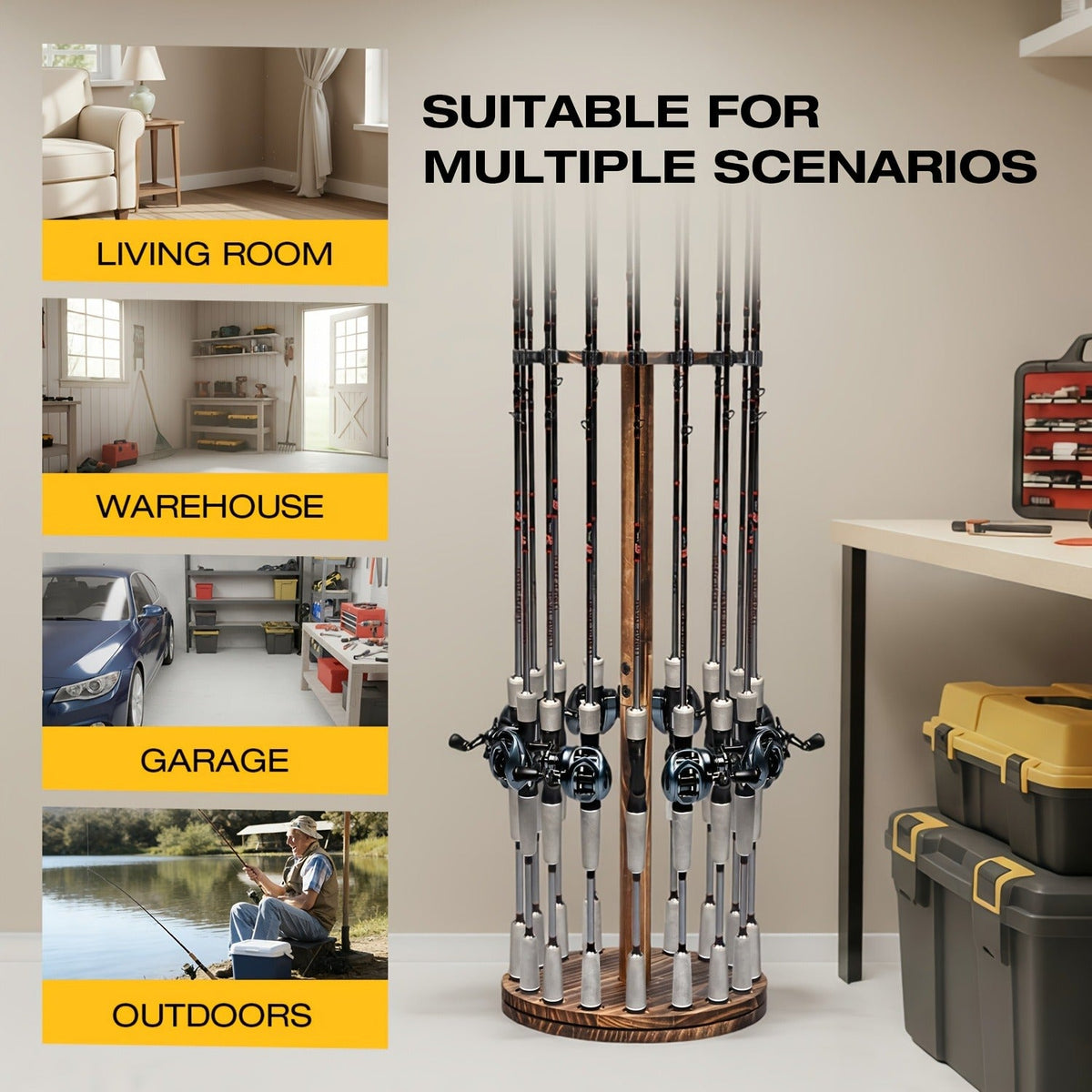 Wooden Fishing Rod Rack 360 Degree Rotating Circular Holds 16 Rods Space Saving Fishing Pole Organizer for Garage Home Storage