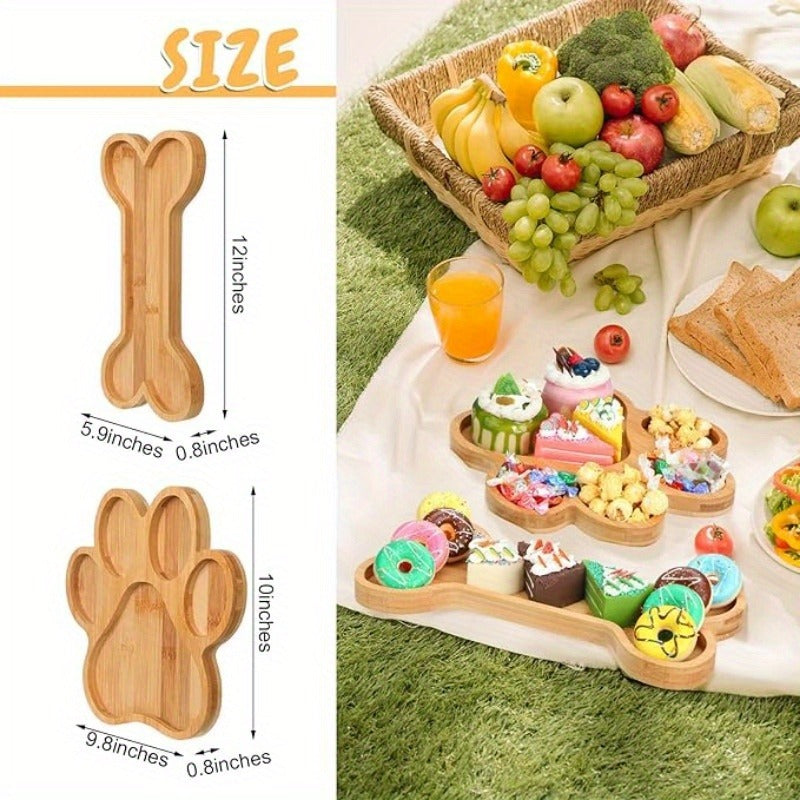 Bamboo Pet Food Bowl Set – Paw & Bone Shaped Wooden Serving Tray with 5-Compartment Snack Platter, Natural Charcuterie Board for Dogs & Cats, Party Candy Dish, 2 Pack