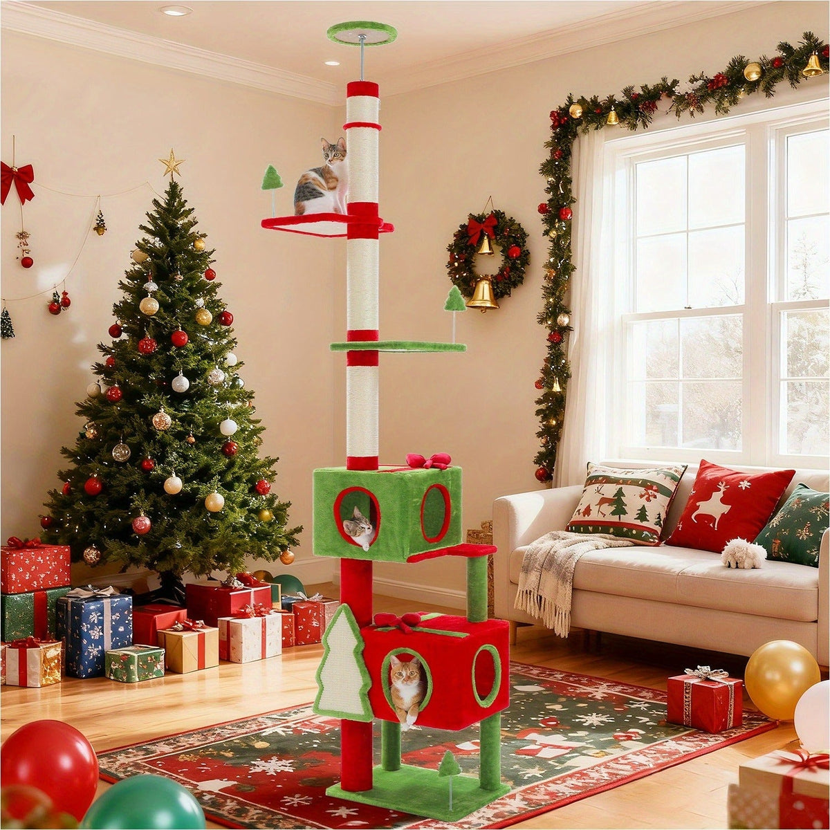 Floor to Ceiling Cat Tree Tower 90–107" – 4-Tier Tall Adjustable Cat Climbing Post with Tension Rod | Ceiling-Mounted Stable Cat Activity Center for Indoor Cats, Multiple Colors