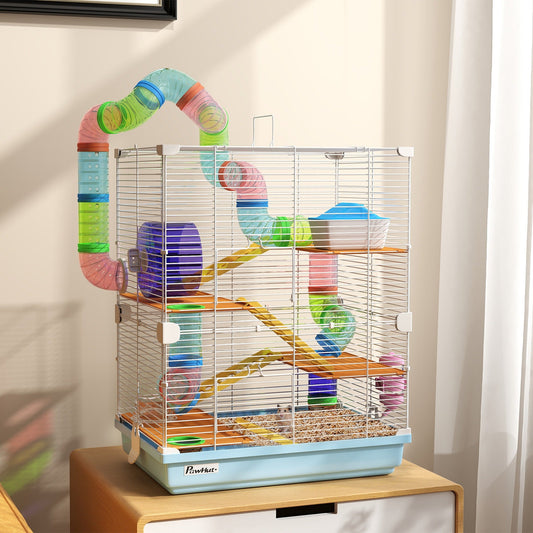 Hamster Cage, 5-Tier Design with Exercise Wheel and Connecting Tubes, Light Blue