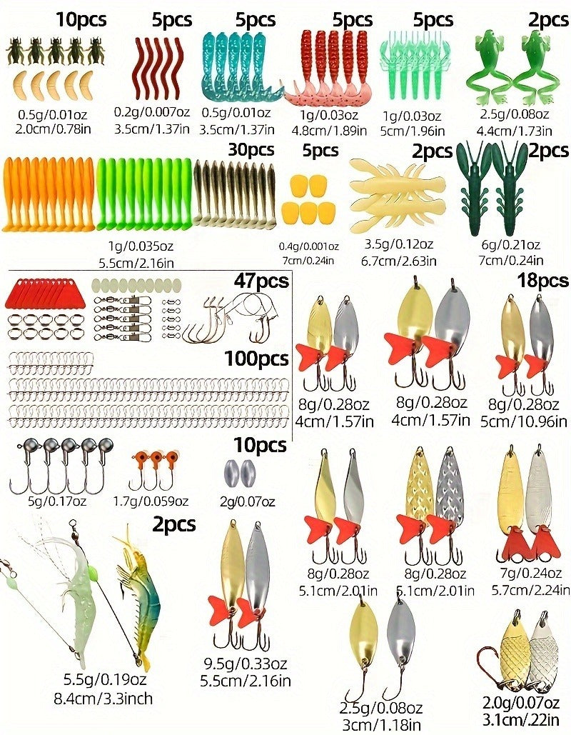 Fishing Lure Kit Tackle Set with Tackle Box – Minnow Baits, Spoon Lures, Soft Worm Baits, Frog Soft Bait, Jig Heads & Rigs – 110pcs / 252pcs / 361pcs Mixed Color Assortment for Bass Trout Pike