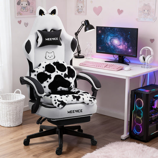 Cat Ear Gaming Chair with Reclining Wingback, Footrest & Paw Lumbar Cushion