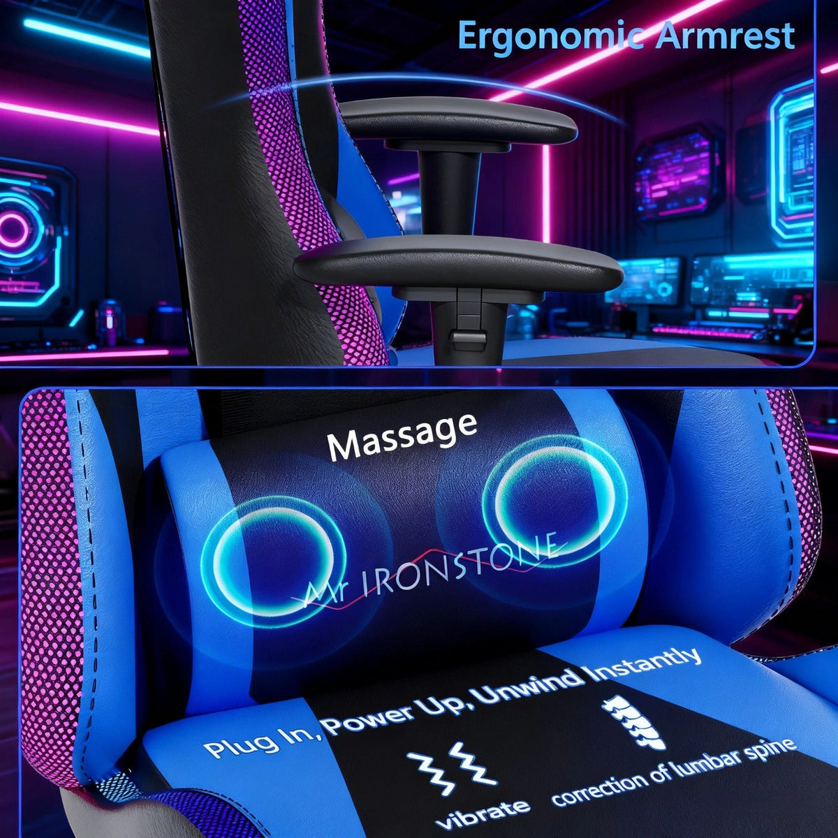 Gaming Chair with Massage and Bluetooth Speaker – RGB LED Lights, 135° Reclining with Footrest, 7-Point Vibration, 3D Adjustable Arms, 360° Swivel, Heavy Duty 400 lbs Big & Tall Ergonomic Chair, Blue Black