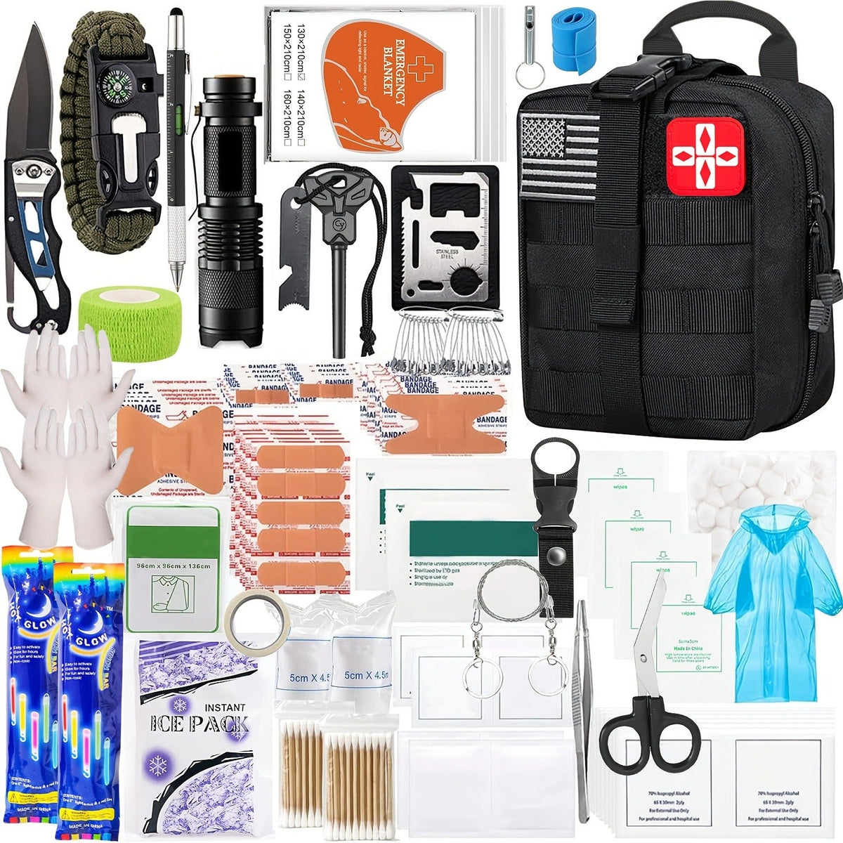 272-Piece Survival Gear Kit with Tactical Bag – Emergency Survival Equipment with Fire Starter, First Aid & Outdoor Tools for Camping, Hiking, Hunting – Crossbody & Molle Bag Options