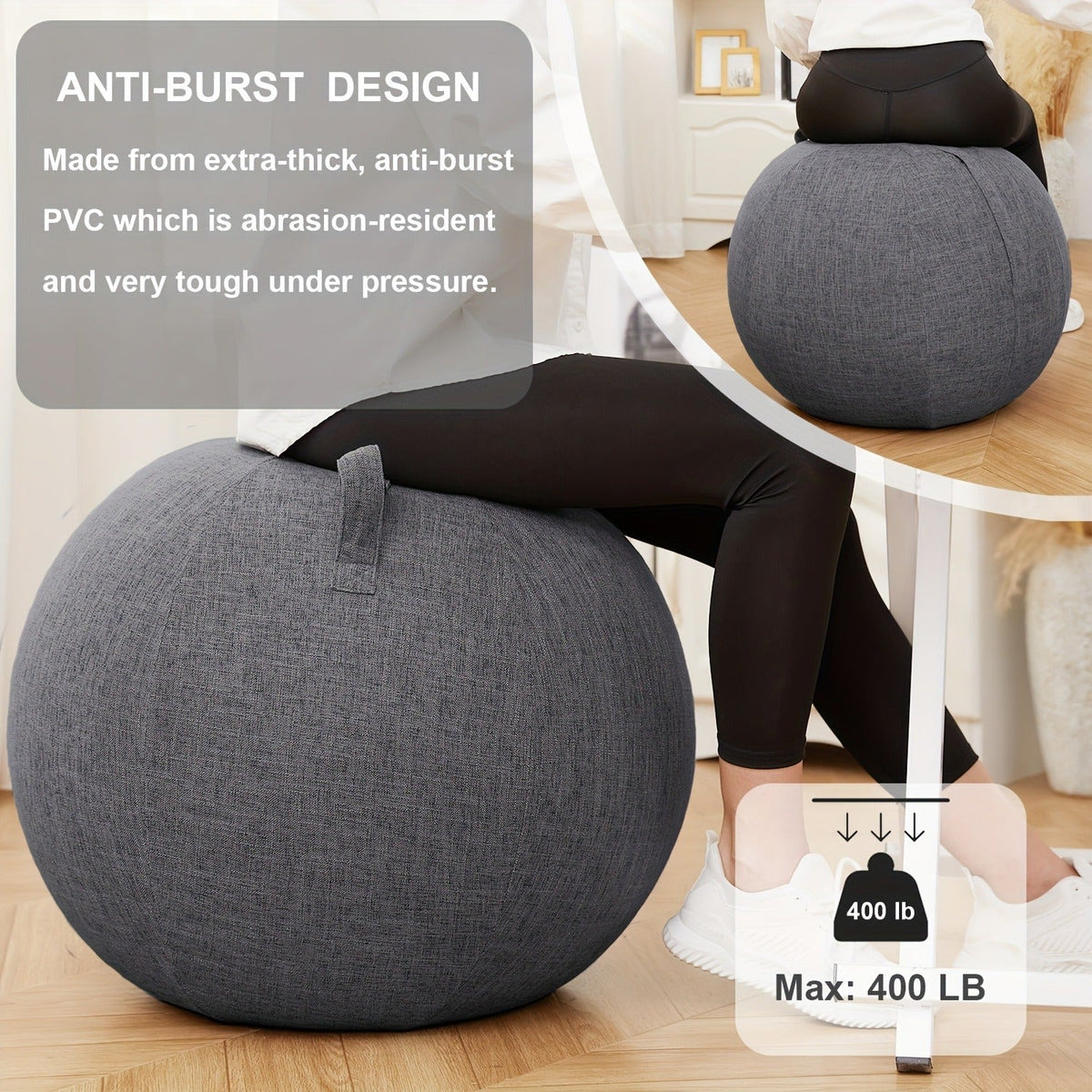 Exercise Ball Chair 65cm with Fabric Cover – Stability Balance Ball Seat for Home Office Desk, Yoga Pilates Birthing Ball, Relieves Back Pain & Improves Posture, Grey & Black, Anti-Burst Design