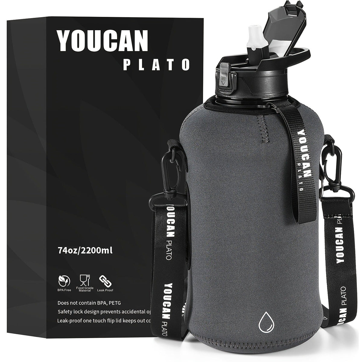 Half Gallon Water Bottle 74oz with Insulated Sleeve, Straw & Time Marker – BPA Free Leakproof Large Sports Jug with Carrying Handle & Strap for Gym, Fitness & Outdoor