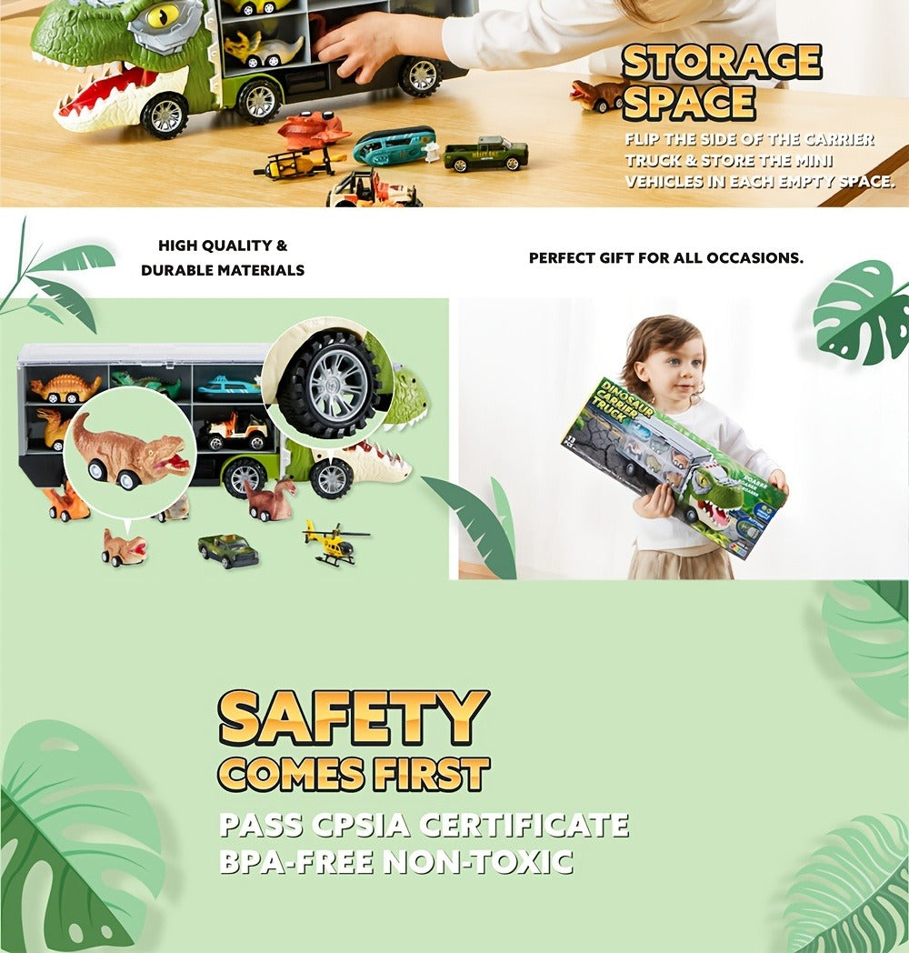 Dinosaur Truck Toy Set, 13-Piece Carrier with Mini Cars and Helicopter