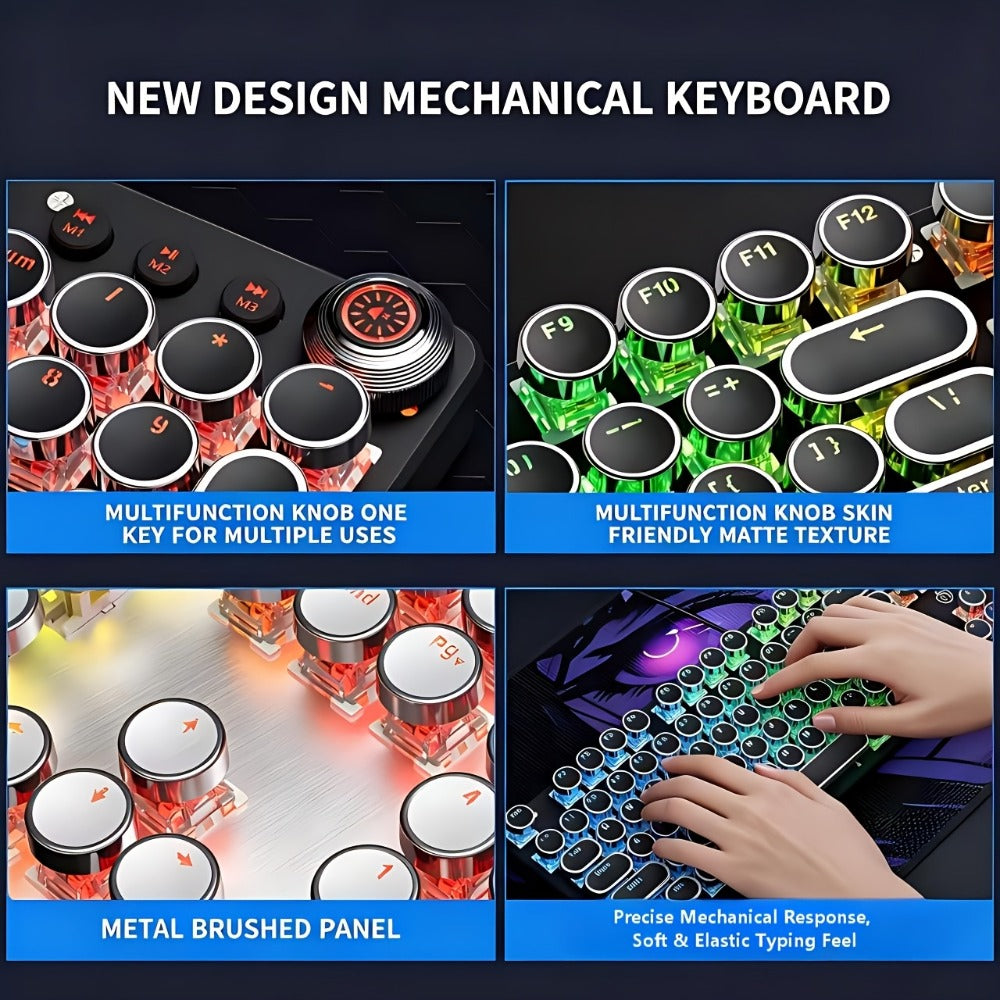 Typewriter Mechanical Keyboard with Green Switches – Retro Punk Style RGB Backlit Wired Gaming & Office Keyboard with Volume Knob, Compatible with PC Laptop Mac – Unique Gift for Her & Him