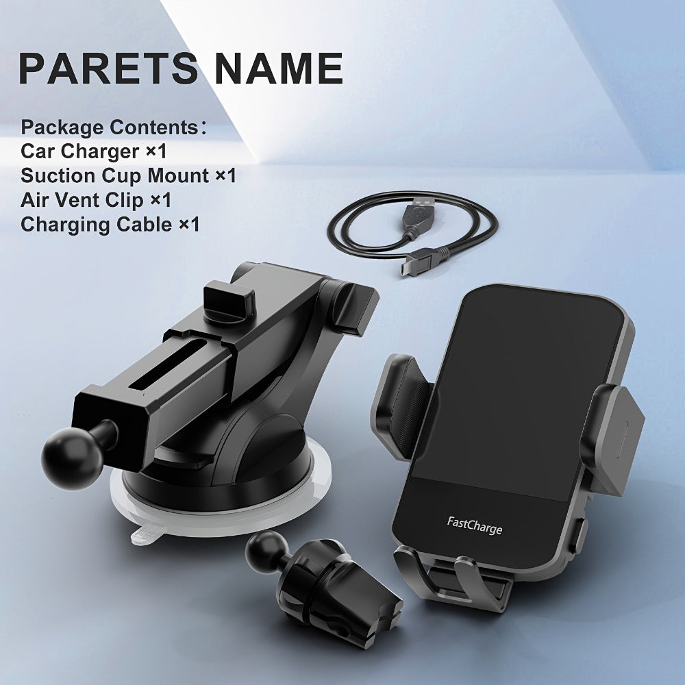 Wireless Car Charger Mount 15W Auto-Clamping – Fast Charge Phone Holder for iPhone 17 16 15 14 13 12 Pro Max, Samsung Galaxy S24 S23 S22 S21 S10 & All Qi Phones | USB-C Dashboard & Vent Mount