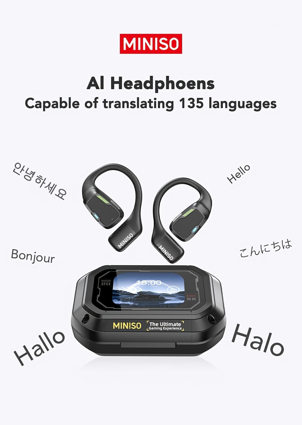 AI Translation Wireless Earbuds Real-Time 135 Languages Open-Ear Design Full-Color Touch Screen Gaming Headset Bluetooth for Travel Business Study iOS Android