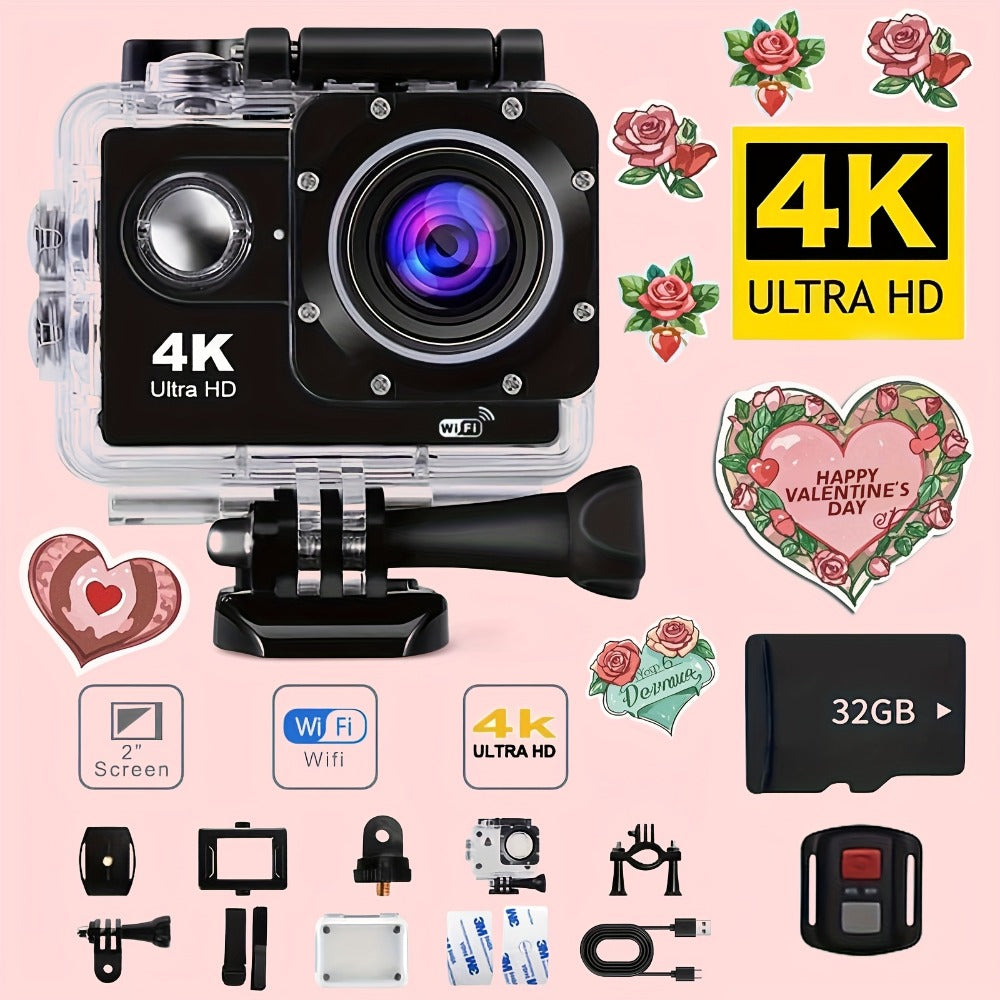 WiFi Action Camera 4K with Remote Control Kit & 32GB Card – 170° Ultra-Wide Angle, 2" Display, Auto Focus, Waterproof Case for Outdoor Sports, Vlogging, Travel & Father's Day Gift