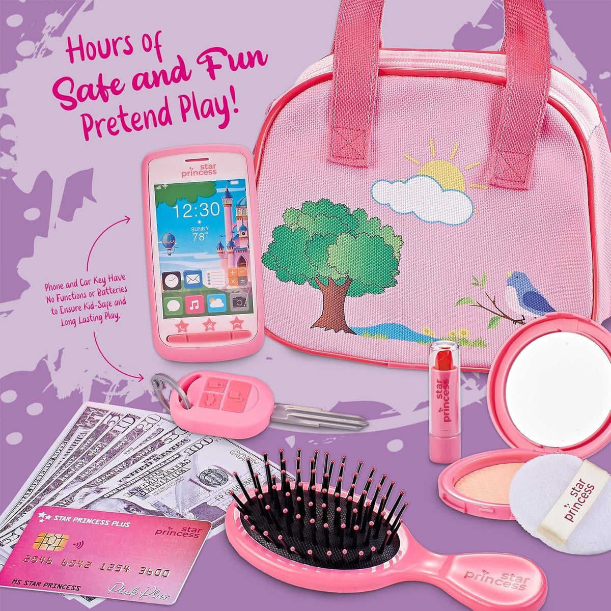 Kids Pretend Play Purse Set with Toy Phone, Keys and Makeup Accessories