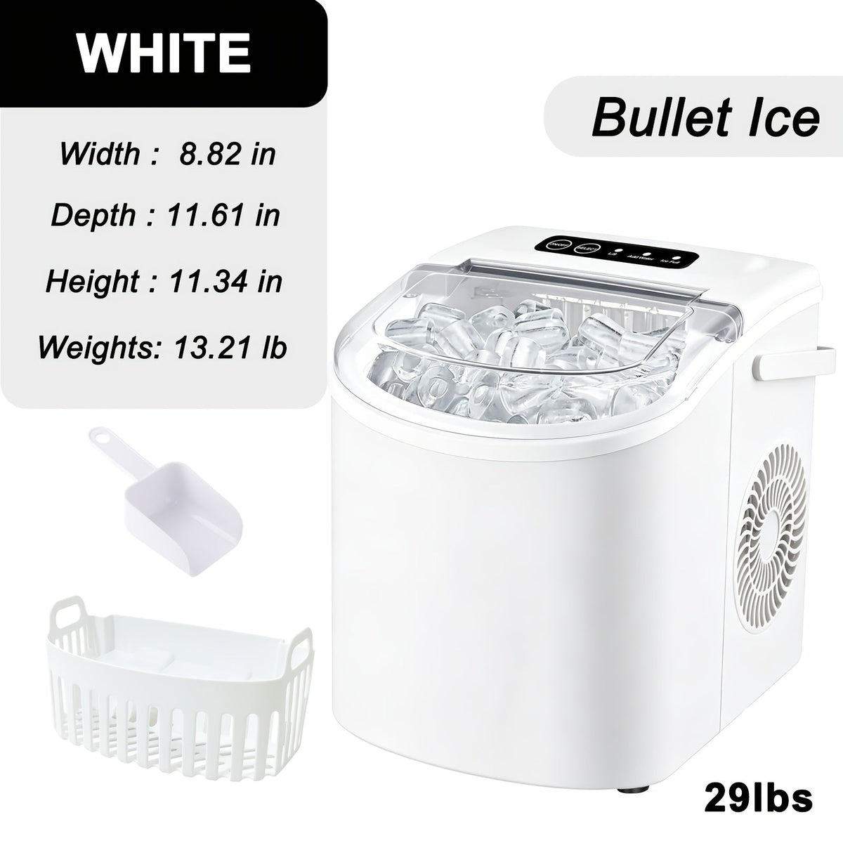 Ice Maker with Basket & Scoop – 26 Lbs/Day Countertop Bullet Ice Machine, 9 Cubes in 6 Mins, Self-Cleaning, 5 Colors Pink White Green Silver Black, for Home, Kitchen, Office, Bar, RV & Camping