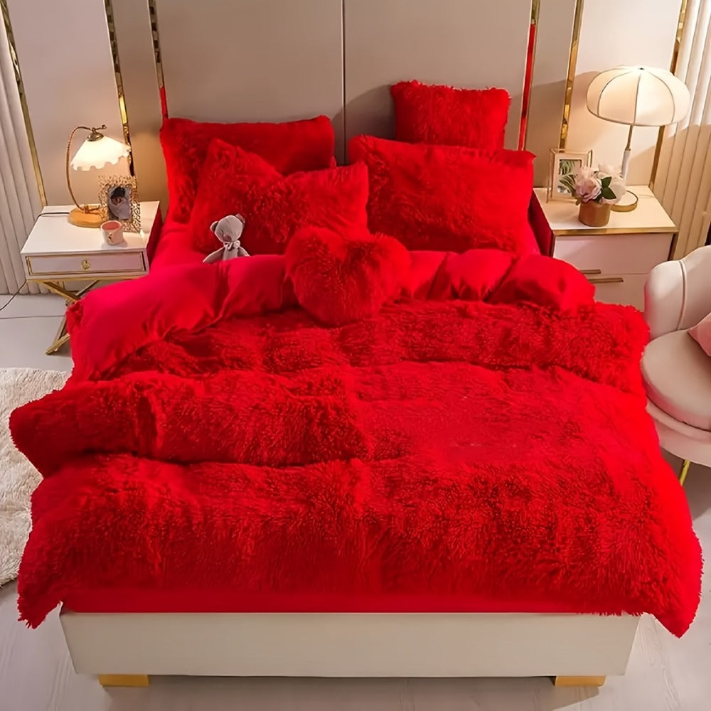 Faux Fur Duvet Cover Set Twin Queen King Super Soft Plush Comforter Cover with Pillowcases Heart Pillow for Kids Teens Machine Washable Bedroom Decor