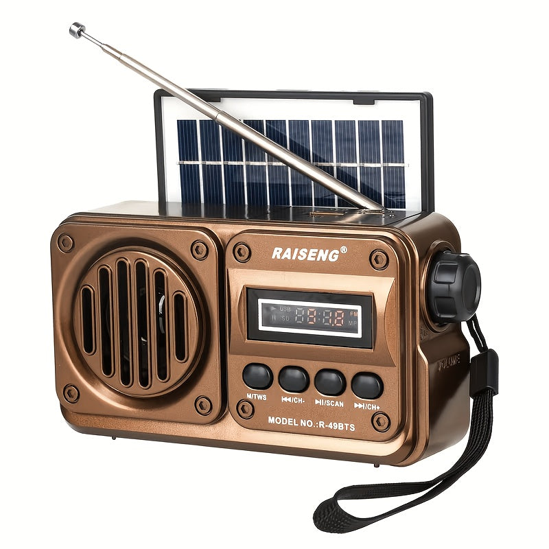 FM Portable Radio R-49BTS Retro Solar Panel Bluetooth Speaker, USB TF Card Playback, Loud Digital Radio for Indoor Outdoor Travel Emergency Camping, Independence Day Gift