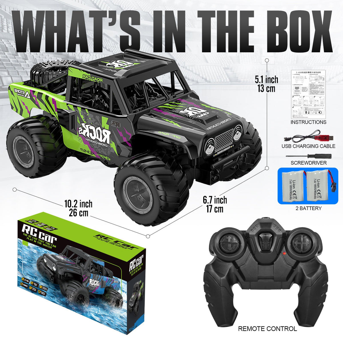 Amphibious RC Car 1:16 Scale 4WD, Waterproof Monster Truck or Pickup, 2 Batteries