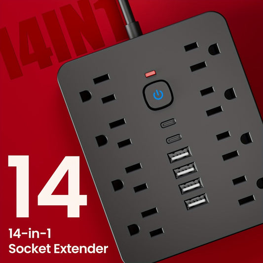 Flat Plug Wall Mount Power Strip 14-in-1 Surge Protector - 8 AC Outlets, 4 USB-A & 2 USB-C Ports, 5ft/10ft Extension Cord, Overload Protection, Desktop Charging for Home Office