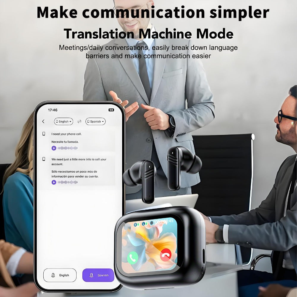 ANC AI Translation Earbuds with LCD Screen – Active Noise Cancelling Wireless In-Ear Headphones for Business Meetings International Travel Multi-Language Real-Time Translator