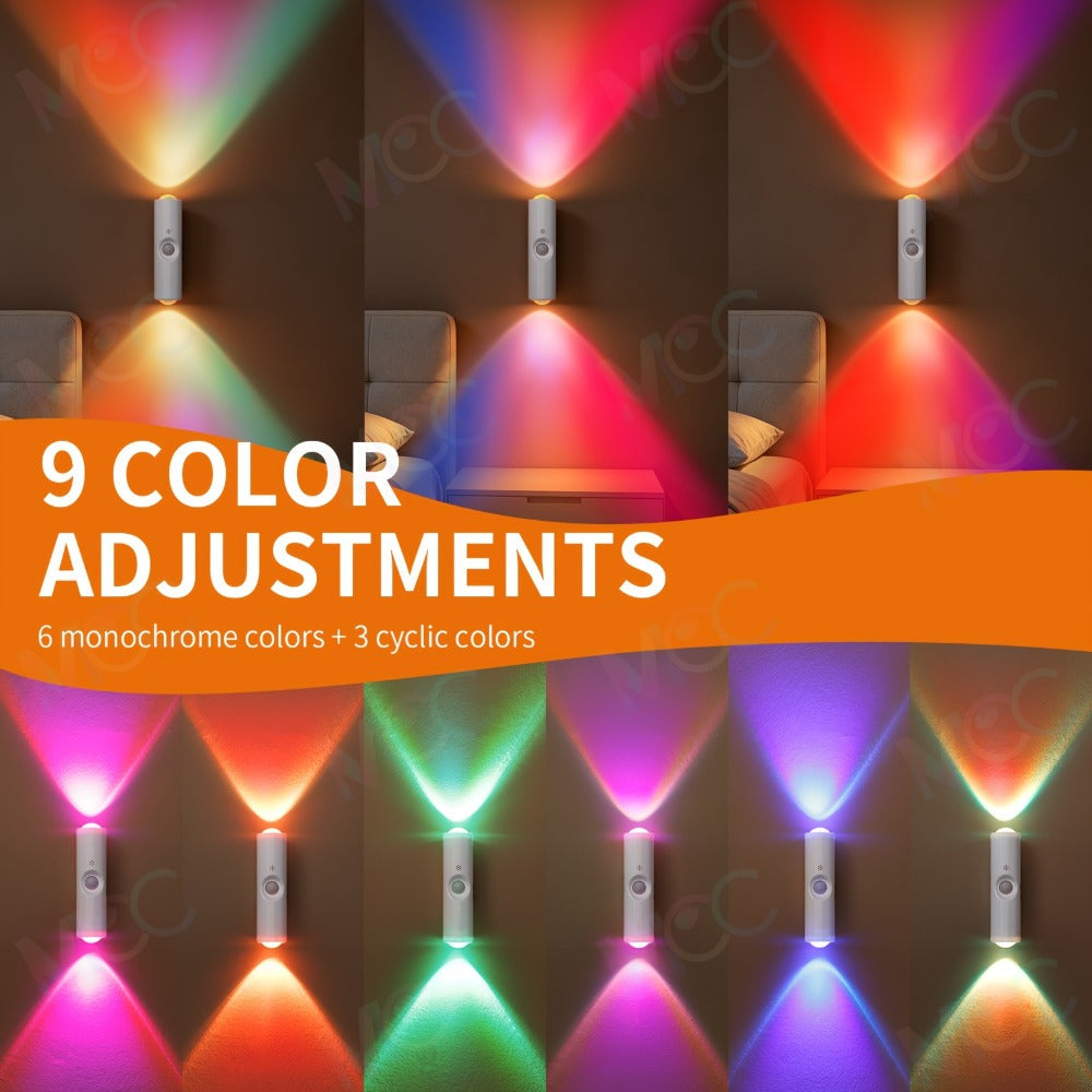 LED Magnetic Night Light Dual Voice & Motion Sensor – 9 Colors Dimmable, 665mAh Battery, Drill-Free Magnetic Install for Hallway, Bedside & Storage Room Ambient Lighting
