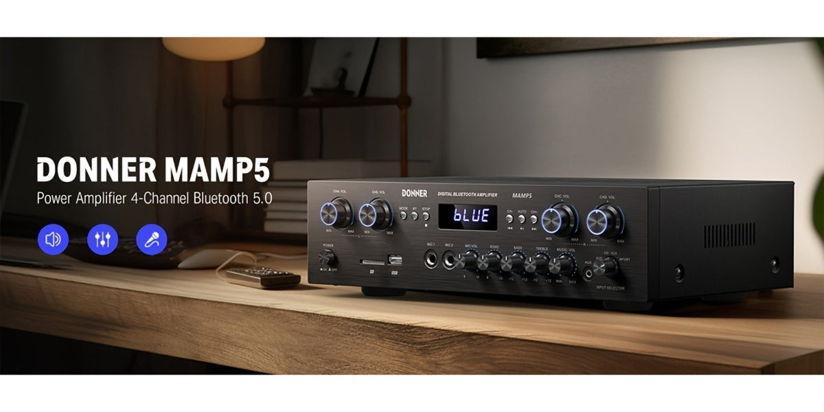 Donner 4-Channel Home Stereo Receiver Amplifier with USB SD FM Radio, Dual Mic Input Echo, RCA, LED Display for Home Sound System Karaoke Living Room