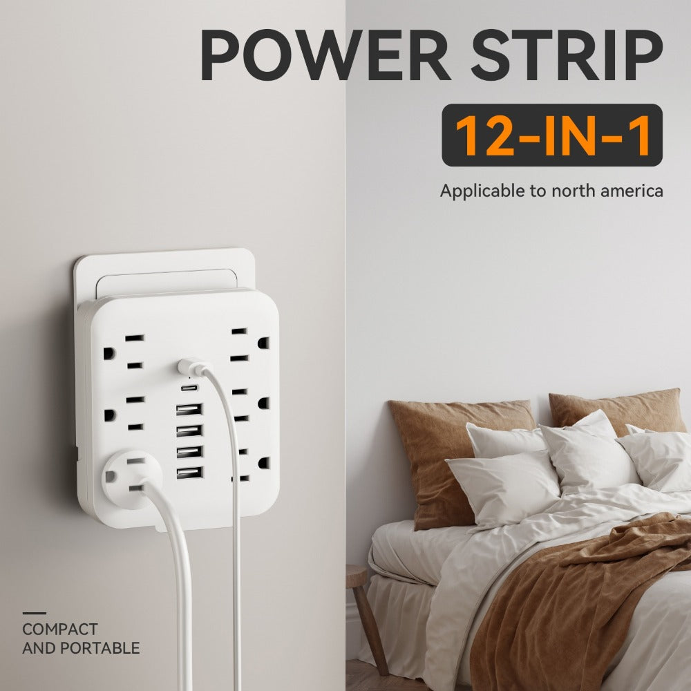 Wall Power Strip 12-in-1 with 6 AC Outlets & 6 USB Ports (2 USB-C) – Compact Space-Saving Plug, 110-130V US Plug for Home & Office – White & Black