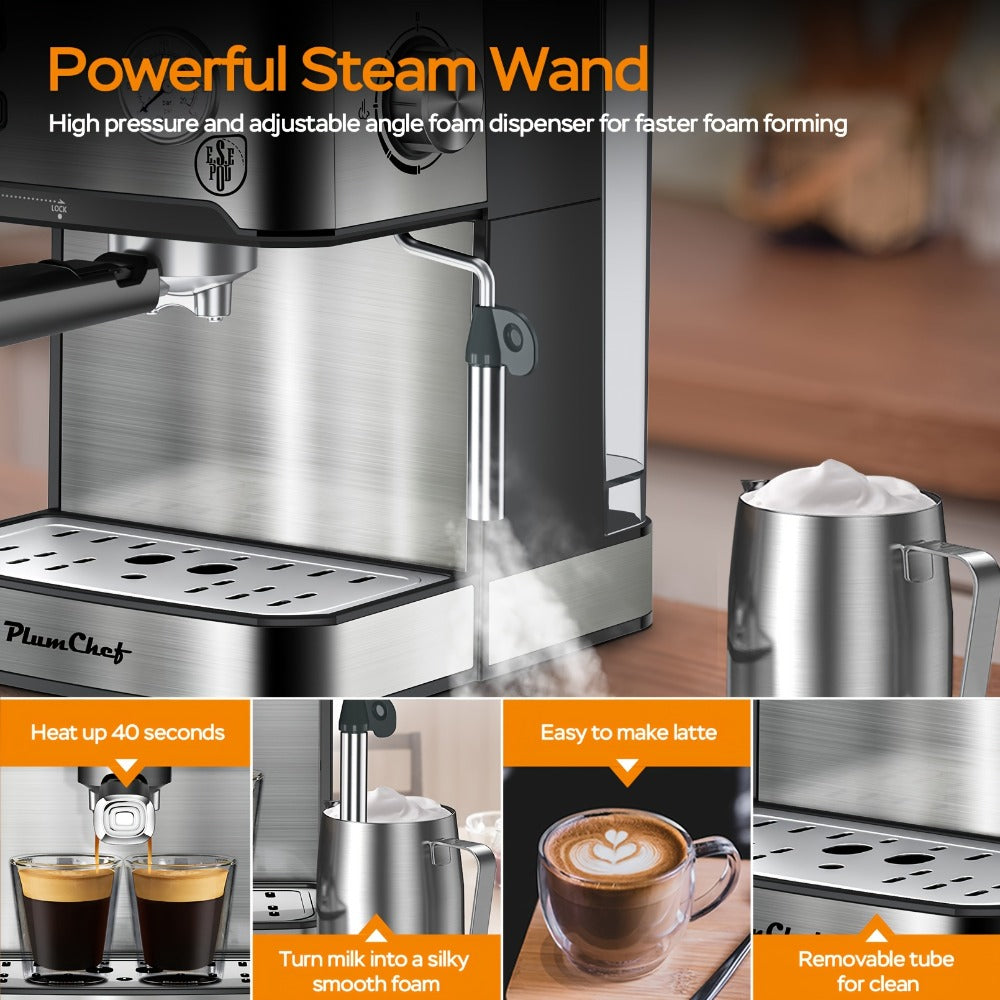 20 Bar Espresso Machine 950W – Stainless Steel Espresso & Cappuccino Latte Maker with Steam Wand Milk Frother, 49.03oz Water Tank, ESE Pod Filter, Home Barista Coffee Machine – Black, Pressure Gauge