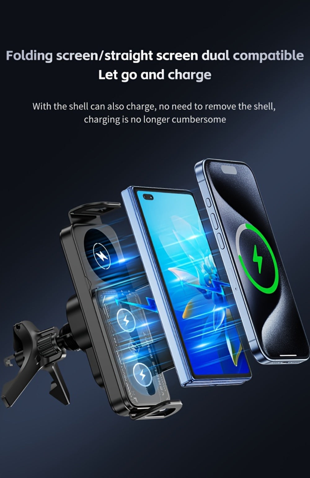 Car Wireless Charger Mount for Samsung Galaxy Z Fold 15W Auto-Clamping Fast Charging Holder – 360° Rotating Ball Joint, Air Vent & Center Console Mount, Super Capacitor Power-Off Delay | All Qi Phones