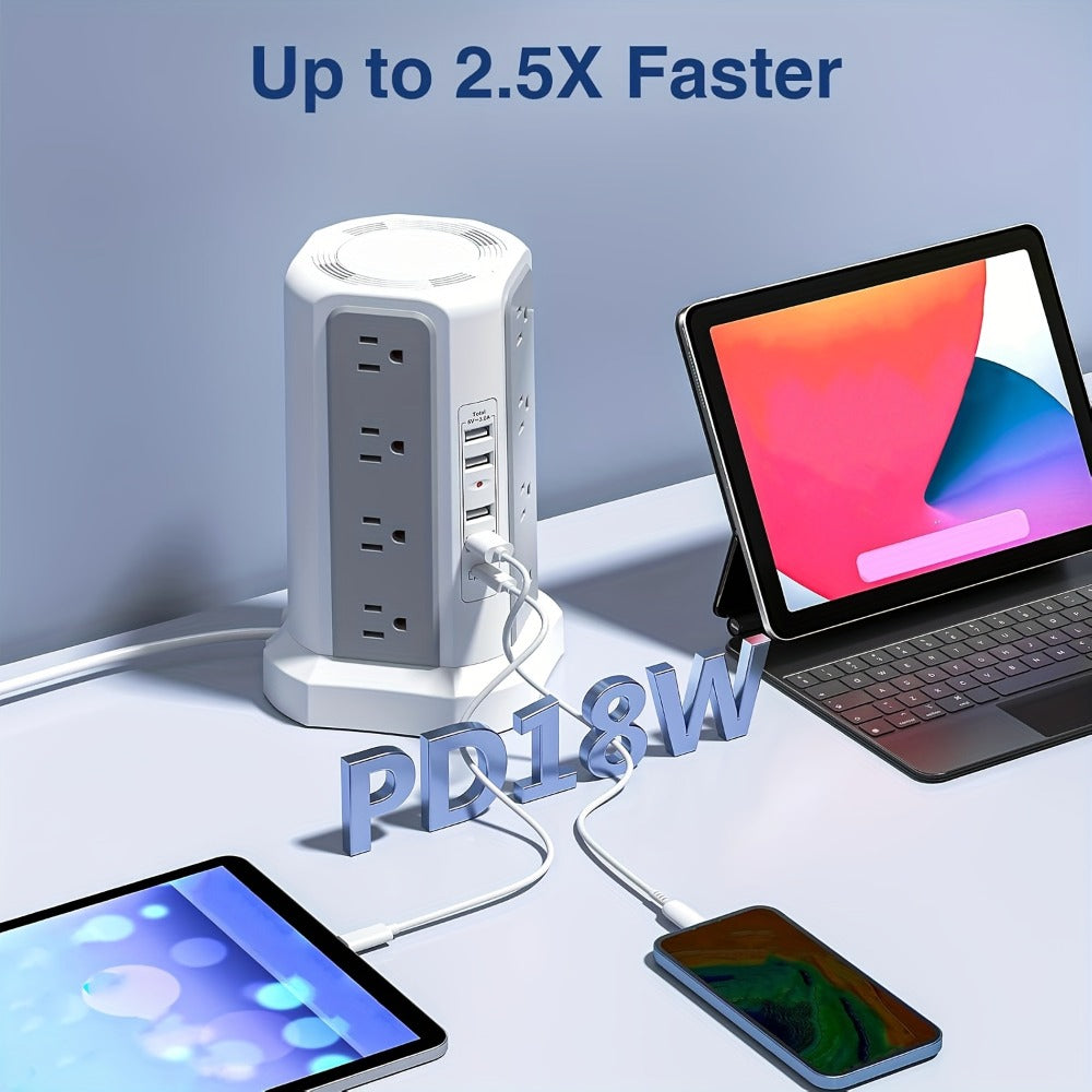 PD18W USB-C Power Strip Tower 21-in-1, 16 AC Outlets & 5 USB Ports, 1500J Surge Protector, Angled Flat Plug, 6ft 13A Extension Cord, Fast Charging Desktop Power Tower for Home Office Dorm – White