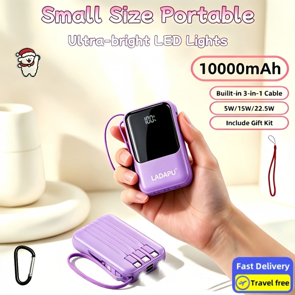 10000mAh Cute Cartoon Power Bank with 4 Built-In Cables & 22.5W Super Fast Charging - Portable Charger Dual LED Flashlight Compatible with iPhone Android USB-C, Travel Battery Pack Red Purple Black Yellow