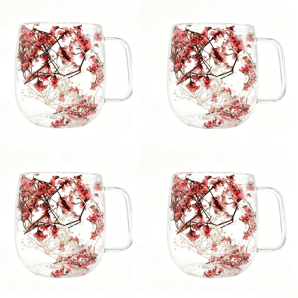 Double Wall Glass Coffee Cups with Handle Set of 4 – Borosilicate Thermal Mugs for Latte Cappuccino Tea | Dried Flower & Petal Design Transparent Drinkware for Office Home Gifts