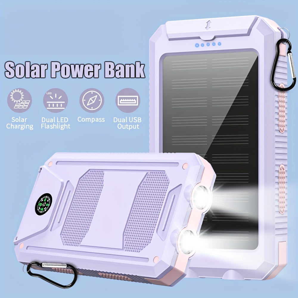 29800mAh Solar Power Bank with Compass & Dual LED Flashlight – Outdoor Camping Portable Charger, Dual USB 5V Output, SOS Emergency Battery Pack for Cell Phones & Mobile Devices, Black/Orange