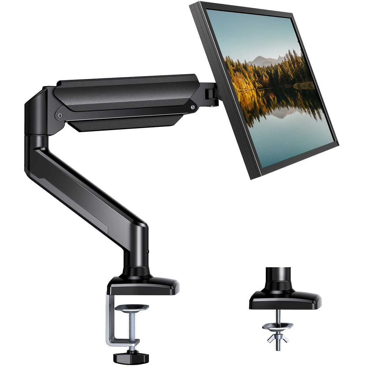 Aluminum Alloy Gas Spring Monitor Arm 19.8 lbs, Full Motion Swivel Tilt Rotate, Ergonomic Desk Mount for 13-32 Inch Screens, C-Clamp & Grommet Base, Space-Saving Home Office Stand