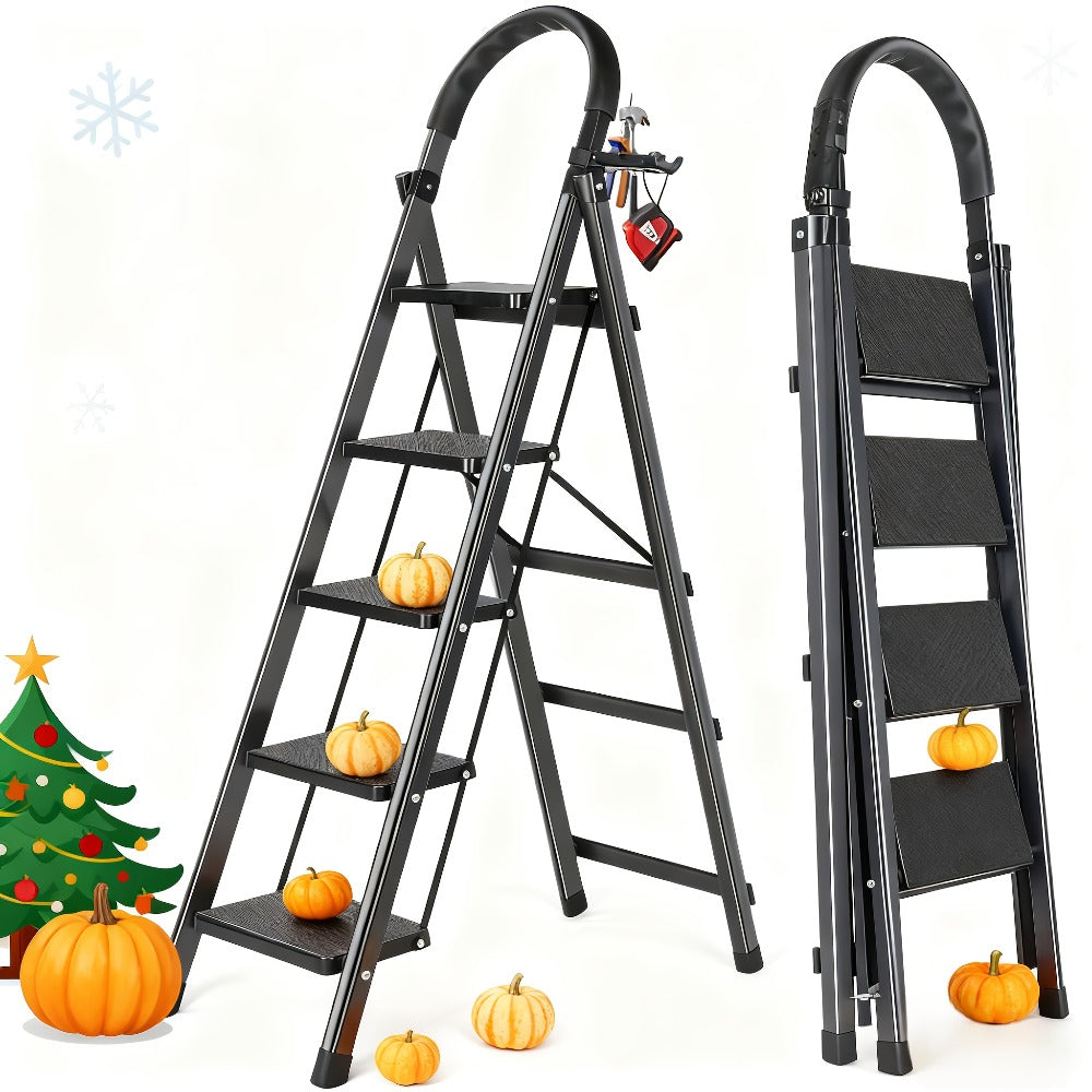 Folding Step Ladder 3 / 4 / 5 Step with Anti-Slip Pedal & Tool Tray – 450 LBS Capacity Portable Steel Step Stool for Adults, Home, Kitchen, Library & Office Use – Red & Black Options