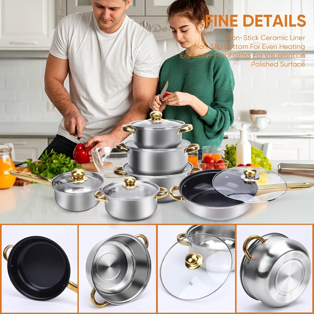 Stainless Steel Non-Stick Cookware Set 1 11 & 13 Piece – Non-Toxic Dishwasher & Oven Safe Kitchen Cooking Set | Frying Boiling Stir-Fry Pots and Pans | Golden Silver Pink Orange Home & Catering