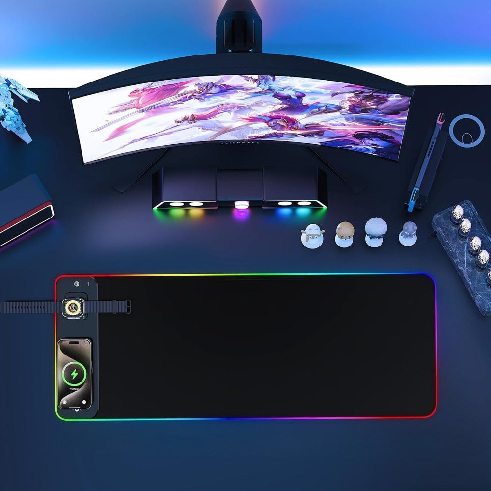 Wireless Charging RGB Mouse Pad Large LED Gaming Desk Mat – Multiple Color Switching, Anti-Slip Wear-Resistant Surface, USB Powered for PC, Keyboard & Gaming Setup | Qi Compatible | 10 Accessories Included