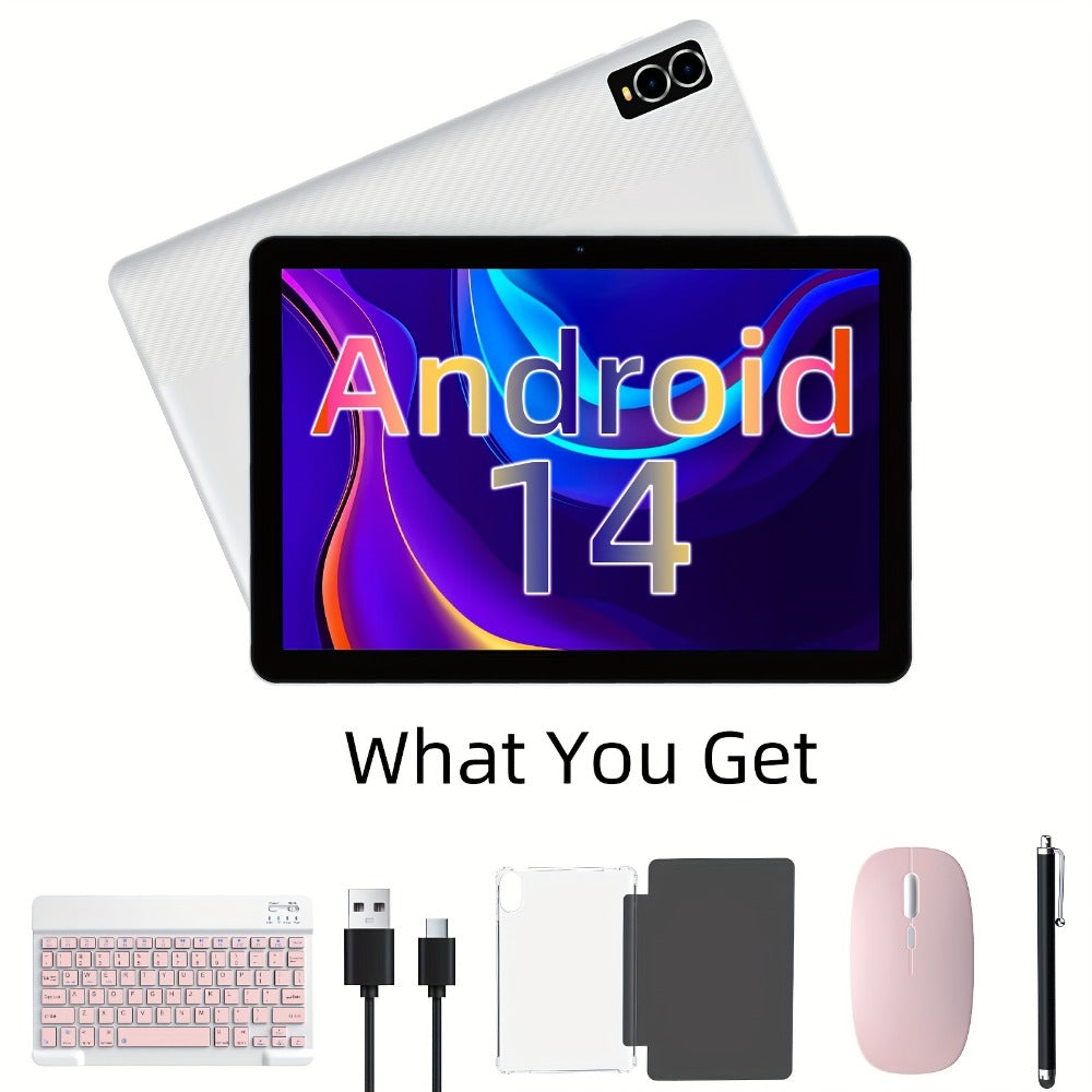 Android 14 Tablet 10 Inch 8GB RAM 32GB ROM 1TB Expandable Octa-Core A523 WiFi 6 IPS Touchscreen Dual Camera with Keyboard Mouse Case Stylus Optional Black White Pink