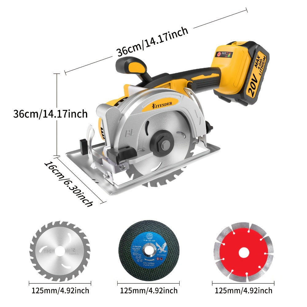 Brushless Circular Saw 5-Inch Kit 6900RPM with Battery & Charger – 45° Bevel Cut, Up to 6 Saw Blades, 2.0AH / 4.0AH Battery Options, Cordless Woodworking Saw for Wood Cutting, Garden & DIY Projects