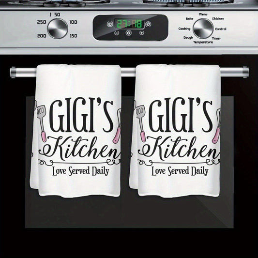Kitchen Dish Towels, 2-Pack 370 GSM with Utensil Print and Love Served Daily Text