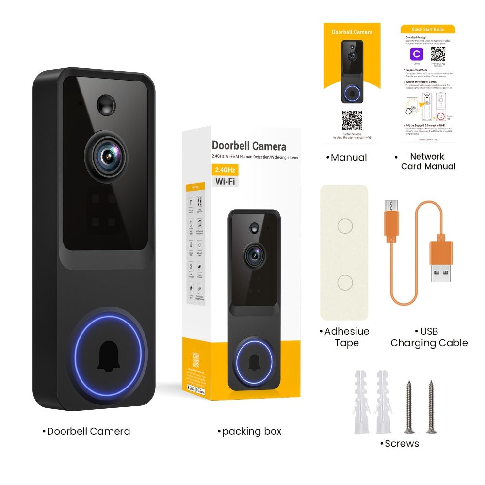 166° Ultra Wide Angle Smart Doorbell Camera 2K HD Wireless WiFi – AI Human Detection, Two-Way Audio, Night Vision, Cloud Storage, Rechargeable Battery, 2.4GHz, Black Linen Purple