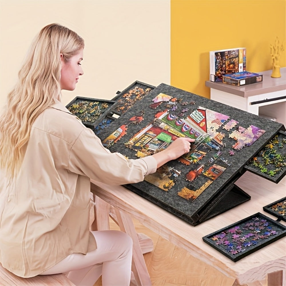 Large Puzzle Board for 1000 Piece Puzzles with 6-Drawer Sorting System – Foldable Jigsaw Table with Built-In Stand, Protective Cover & Tile Storage, Portable Puzzle Workstation for Adults (Gray / Light Gray)